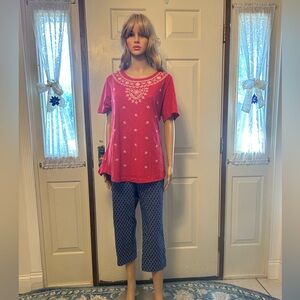 Siam Graver sz 16 blue pull on crop paired with Alia  L red top w/embellishments